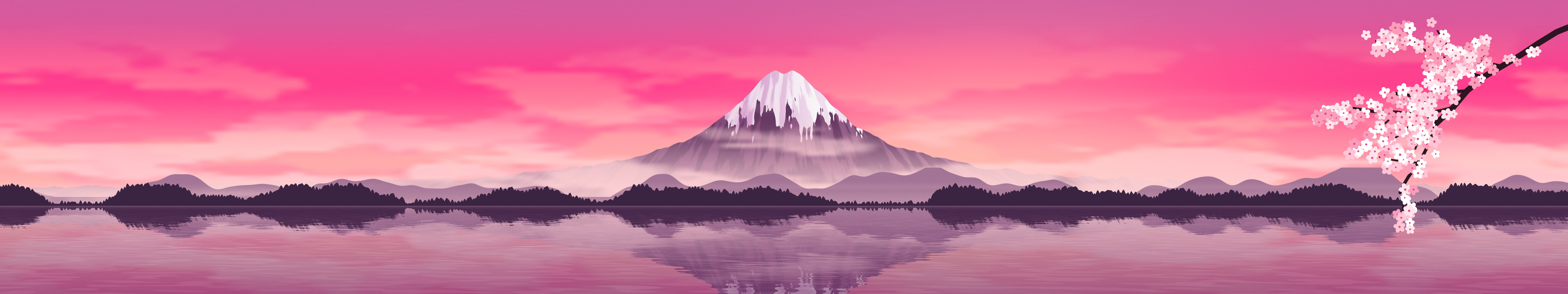 Hot Pink Japanese Mountain and Cherry Blossom triple monitor wallpaper, 7680 × 1440