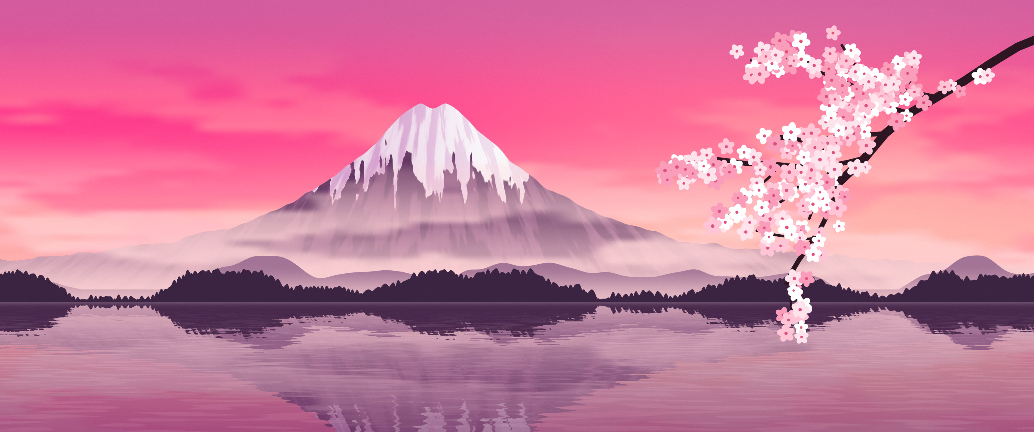 Hot Pink Japanese Mountain and Cherry Blossom ultrawide wallpaper, 3440 × 1440