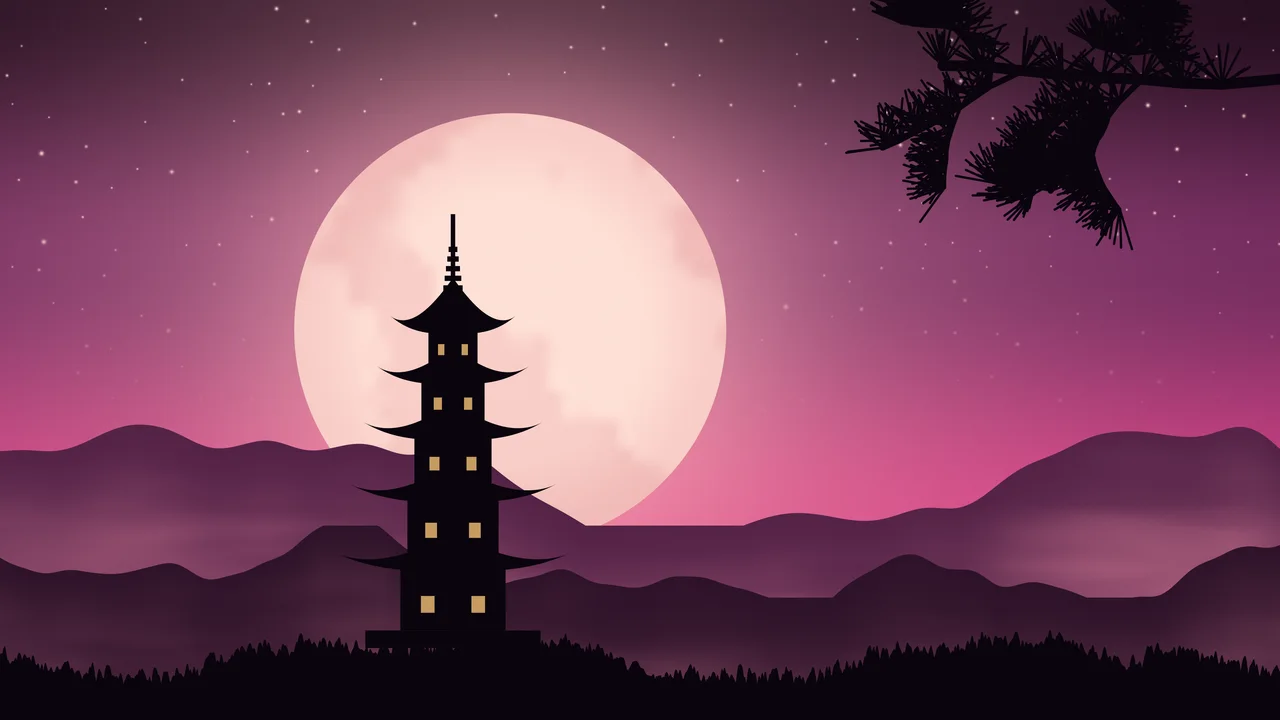 Hot Pink Japanese Pagoda and Moon desktop wallpaper in 4K