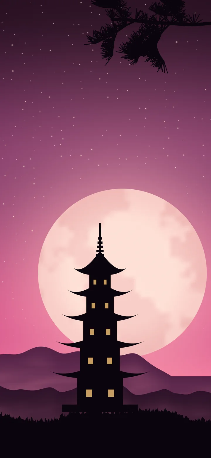 Hot Pink Japanese Pagoda and Moon wallpaper for iPhone and Android