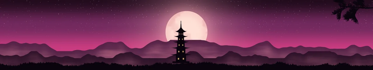 Hot Pink Japanese Pagoda and Moon triple monitor wallpaper, 7680 × 1440