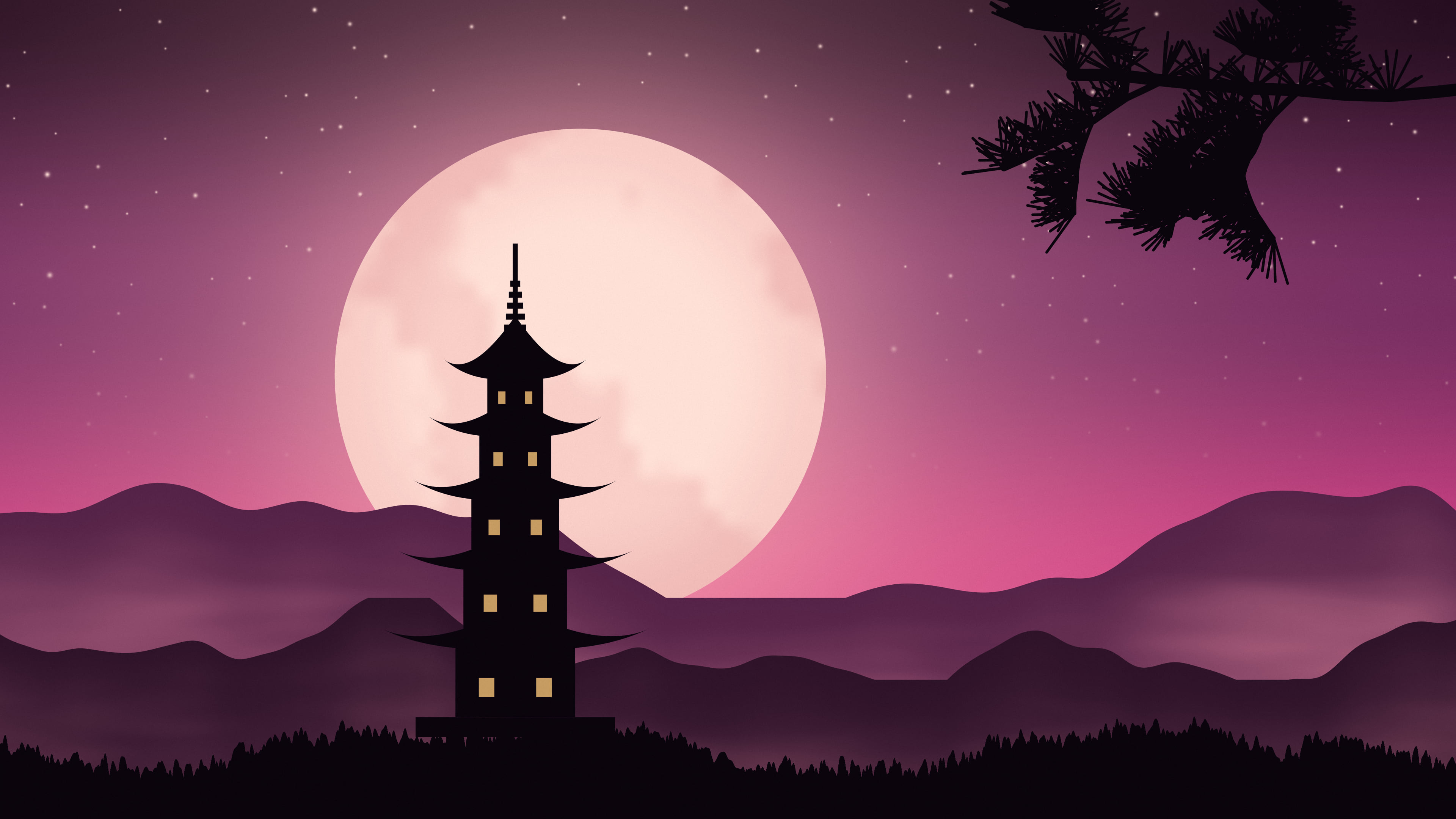 Hot Pink Japanese Pagoda and Moon desktop wallpaper in 4K