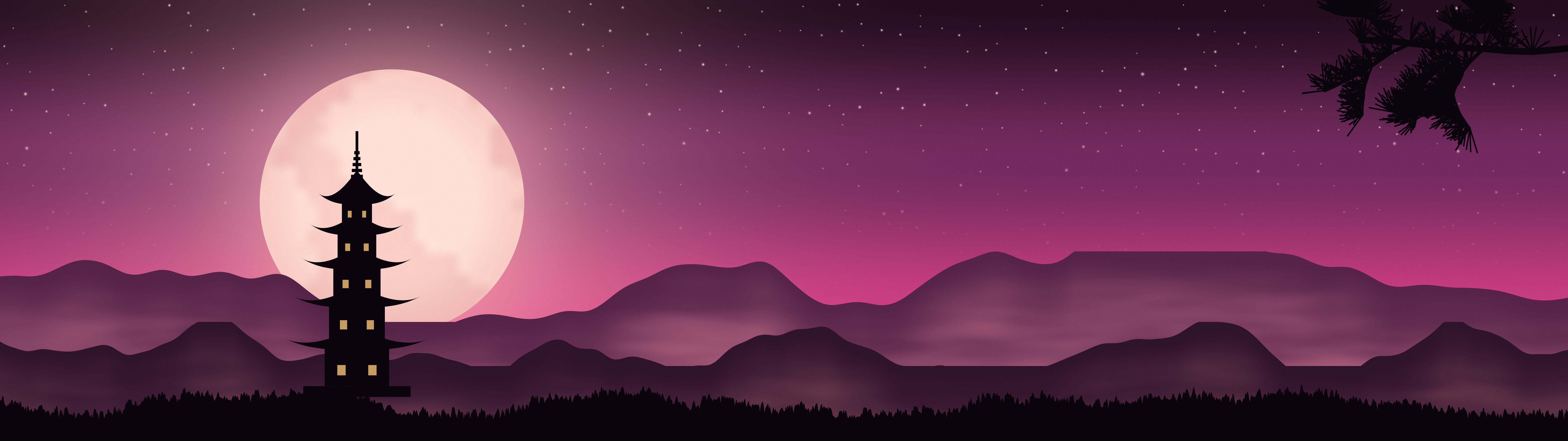 Hot Pink Japanese Pagoda and Moon dual monitor wallpaper, 7680 × 2160