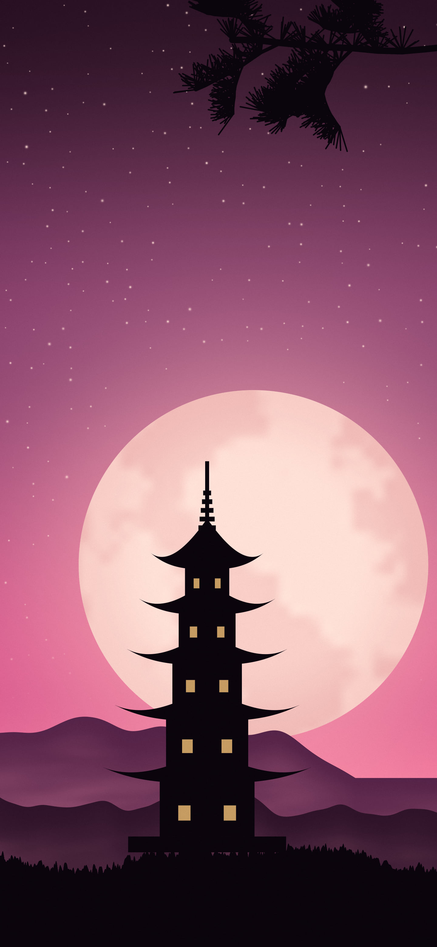 Hot Pink Japanese Pagoda and Moon wallpaper for iPhone and Android