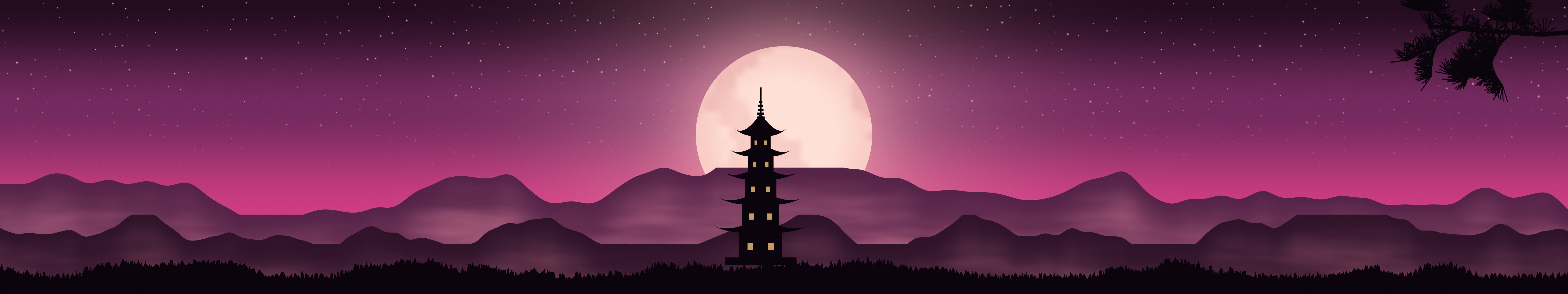 Hot Pink Japanese Pagoda and Moon triple monitor wallpaper, 7680 × 1440