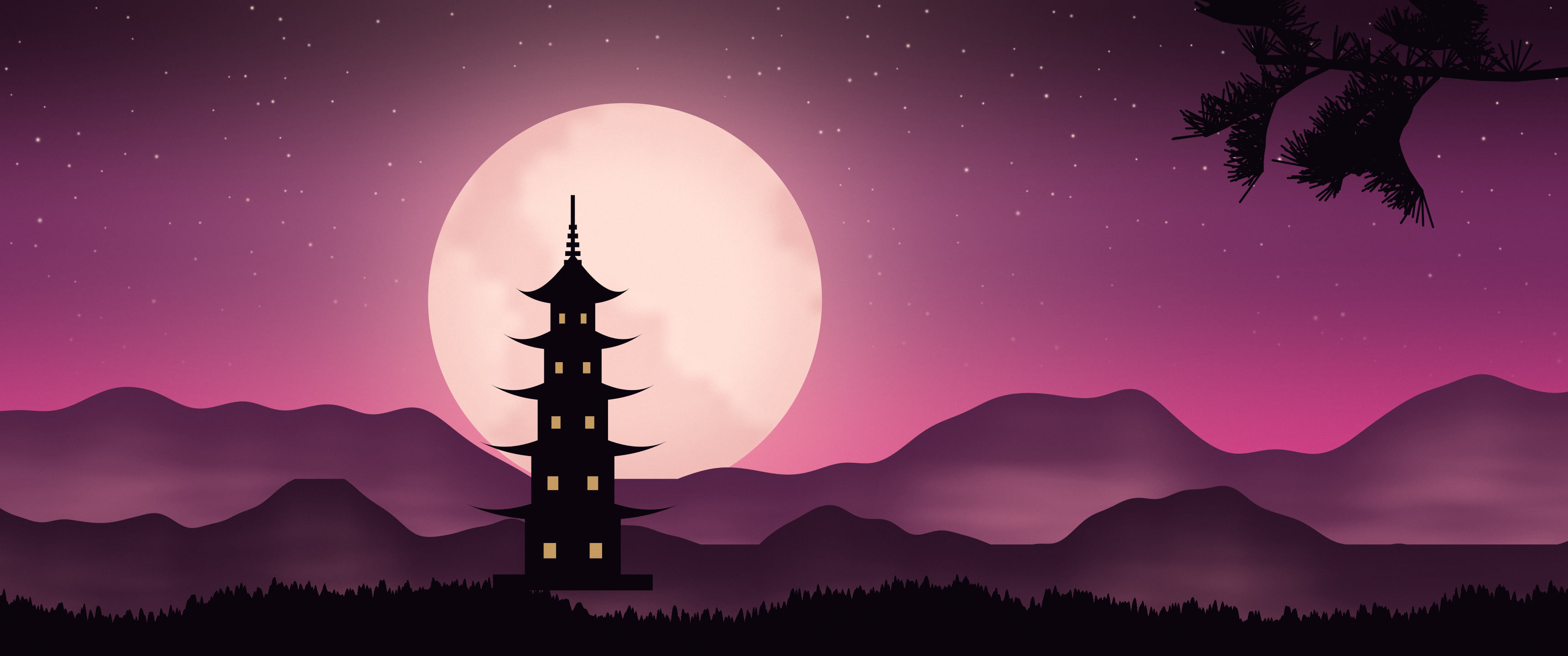 Hot Pink Japanese Pagoda and Moon ultrawide wallpaper, 3440 × 1440
