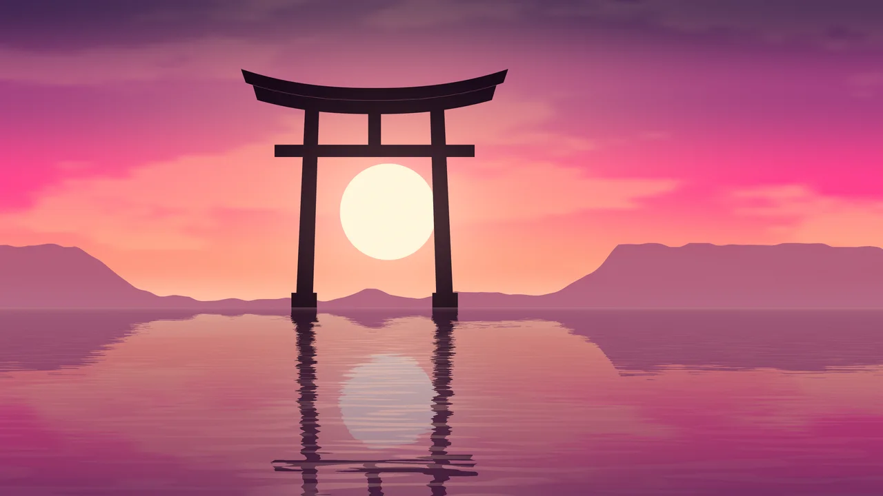 Hot Pink Japanese Torii Gate Sunset desktop wallpaper in 4K