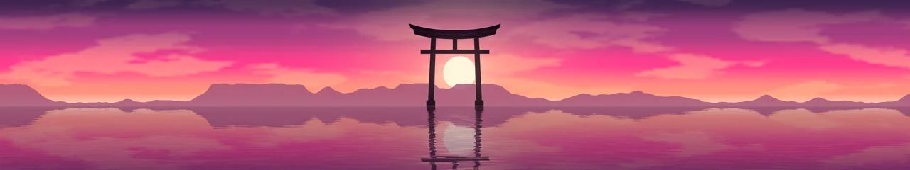 Hot Pink Japanese Torii Gate Sunset triple monitor wallpaper, 7680 × 1440