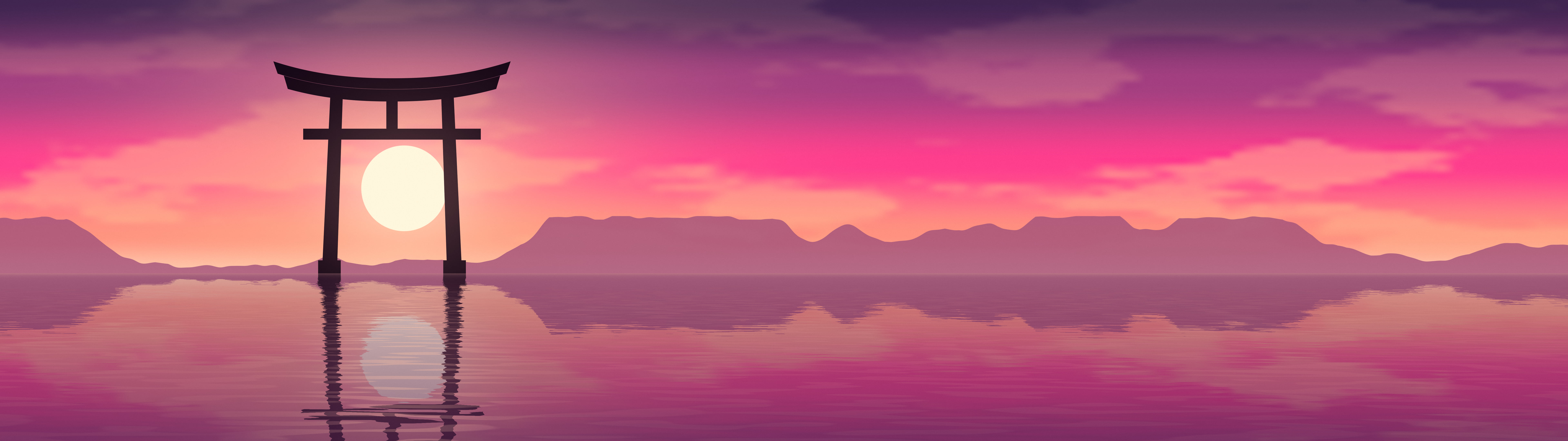 Hot Pink Japanese Torii Gate Sunset dual monitor wallpaper, 7680 × 2160