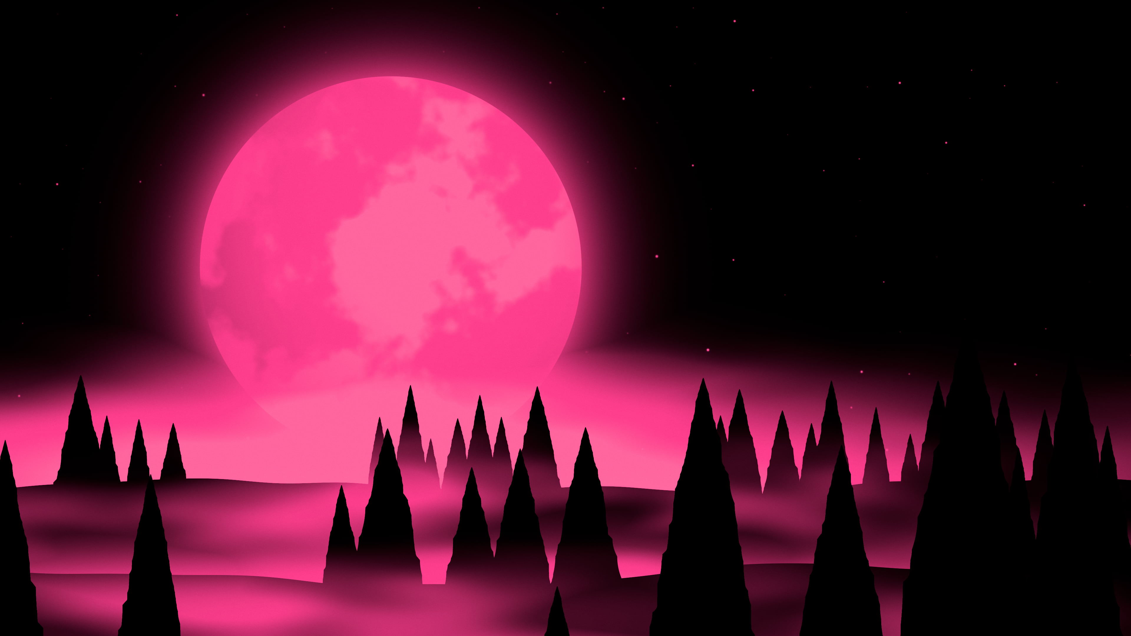 Hot Pink Moon Over a Pine Forest desktop wallpaper in 4K