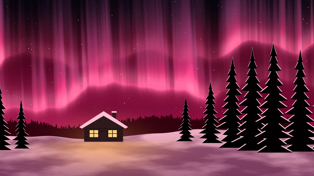 Hot Pink Northern Lights Cabin desktop wallpaper in 4K