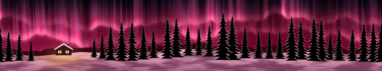 Hot Pink Northern Lights Cabin triple monitor wallpaper, 7680 × 1440