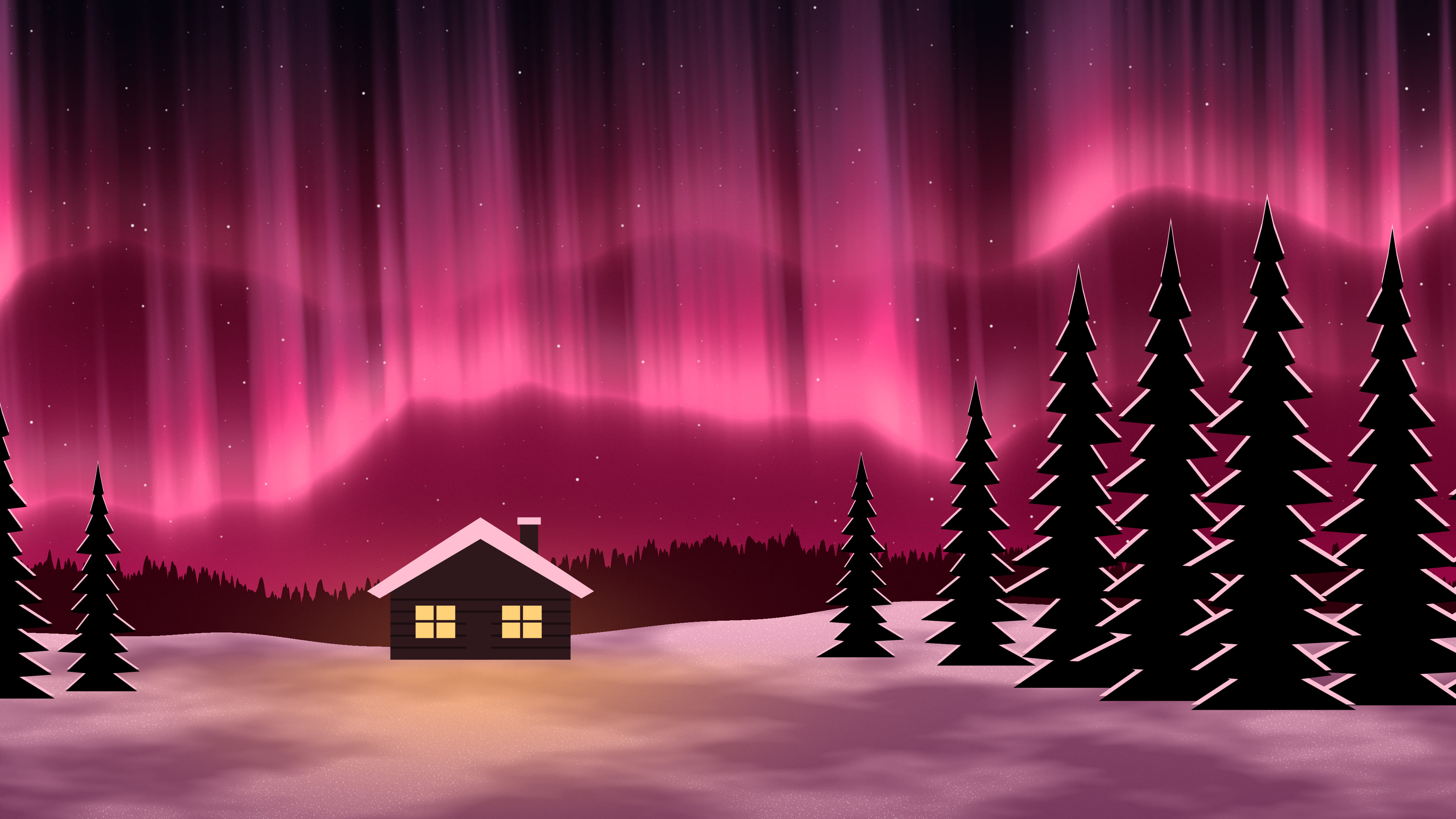 Hot Pink Northern Lights Cabin desktop wallpaper in 4K