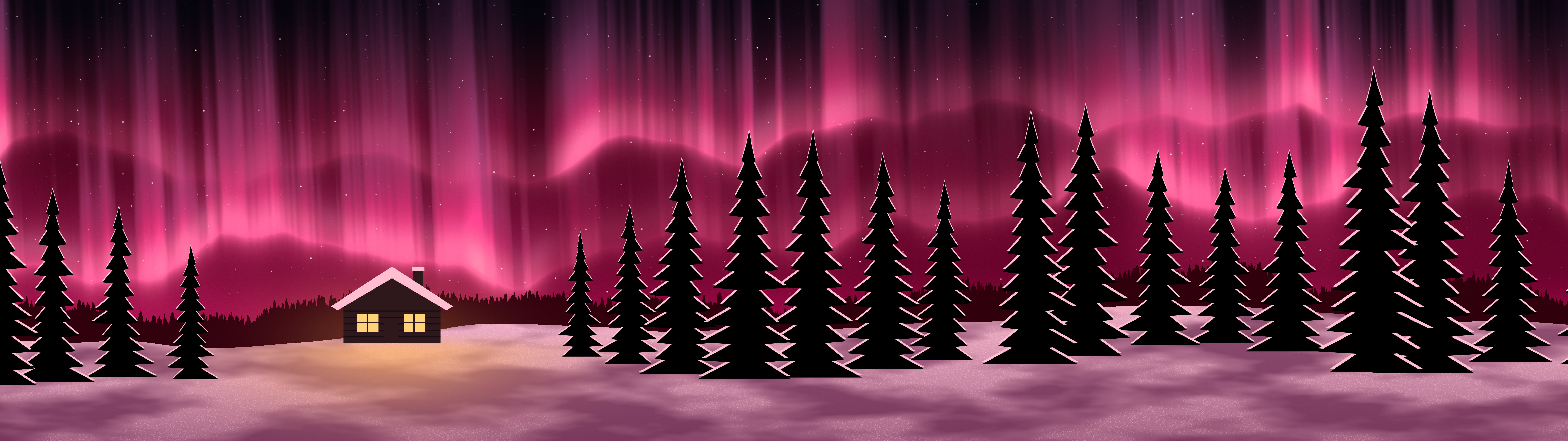 Hot Pink Northern Lights Cabin dual monitor wallpaper, 7680 × 2160