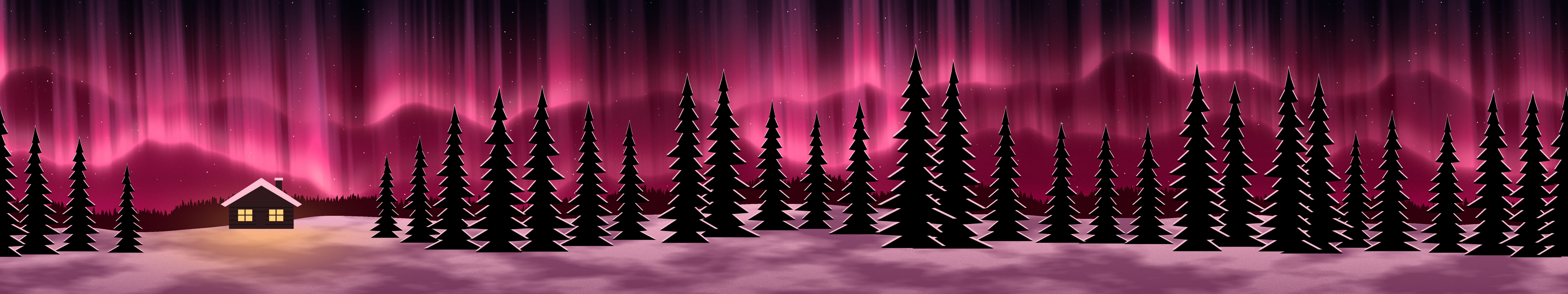 Hot Pink Northern Lights Cabin triple monitor wallpaper, 7680 × 1440