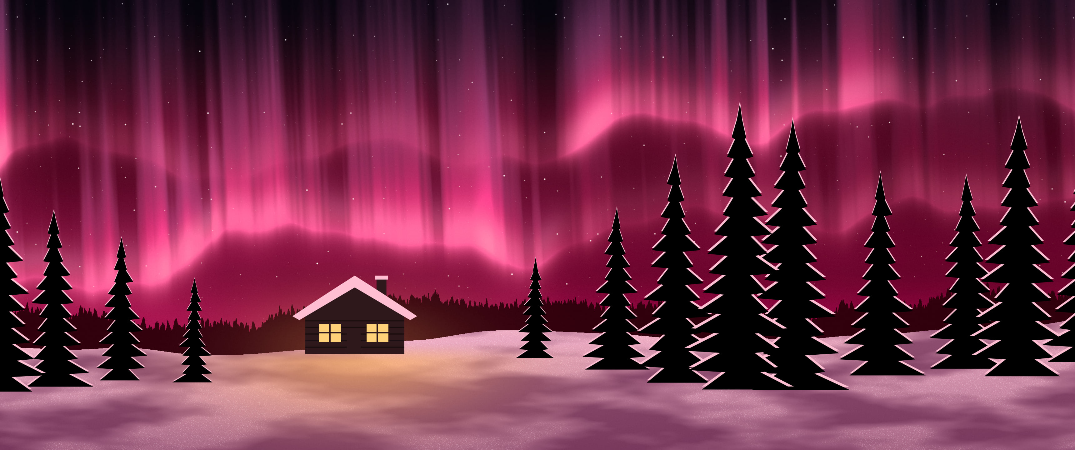 Hot Pink Northern Lights Cabin ultrawide wallpaper, 3440 × 1440