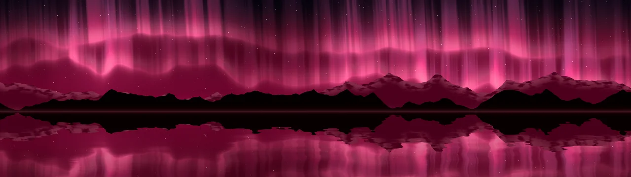 Hot Pink Northern Lights over a Lake dual monitor wallpaper, 7680 × 2160