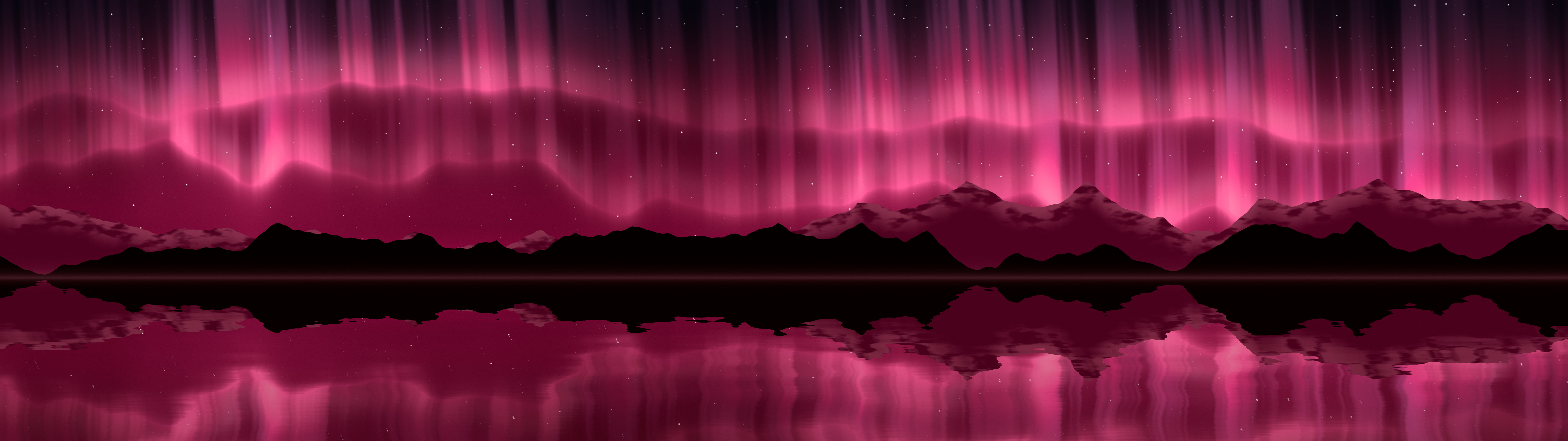 Hot Pink Northern Lights over a Lake dual monitor wallpaper, 7680 × 2160