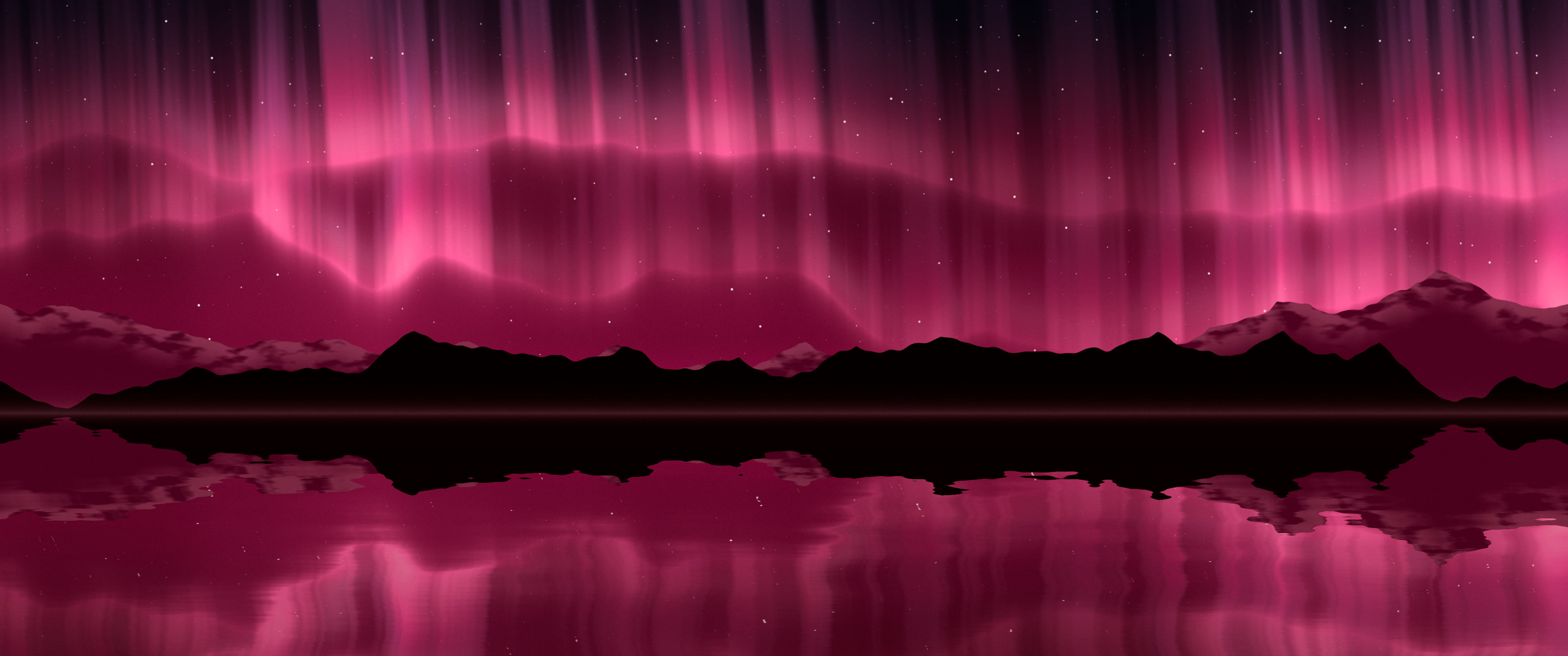 Hot Pink Northern Lights over a Lake ultrawide wallpaper, 3440 × 1440