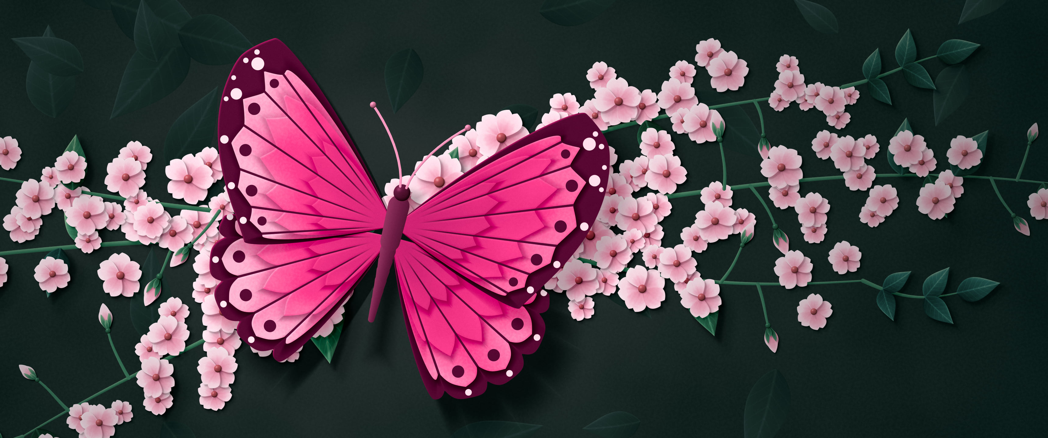 Hot Pink Paper Butterfly ultrawide wallpaper, 3440 × 1440