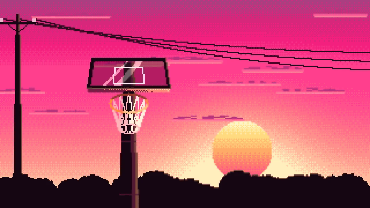 Hot Pink Pixel Art Basketball Hoop at Sunset desktop wallpaper in 4K