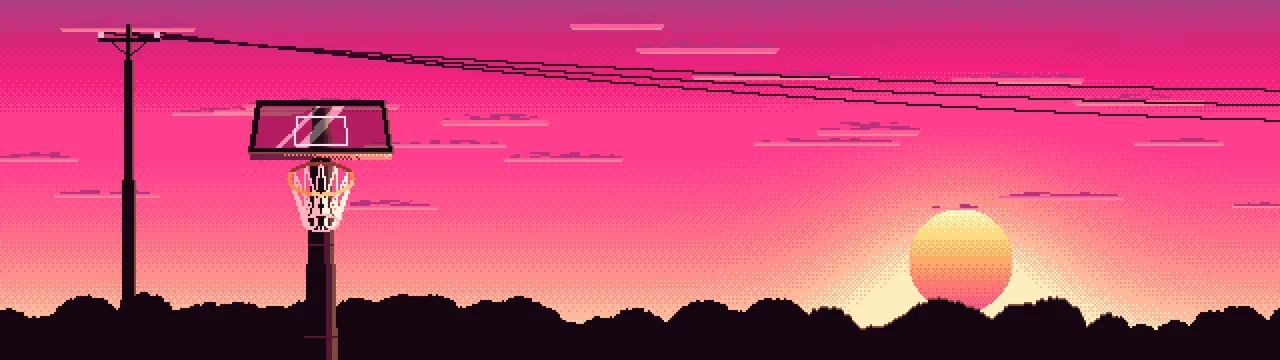 Hot Pink Pixel Art Basketball Hoop at Sunset dual monitor wallpaper, 7680 × 2160