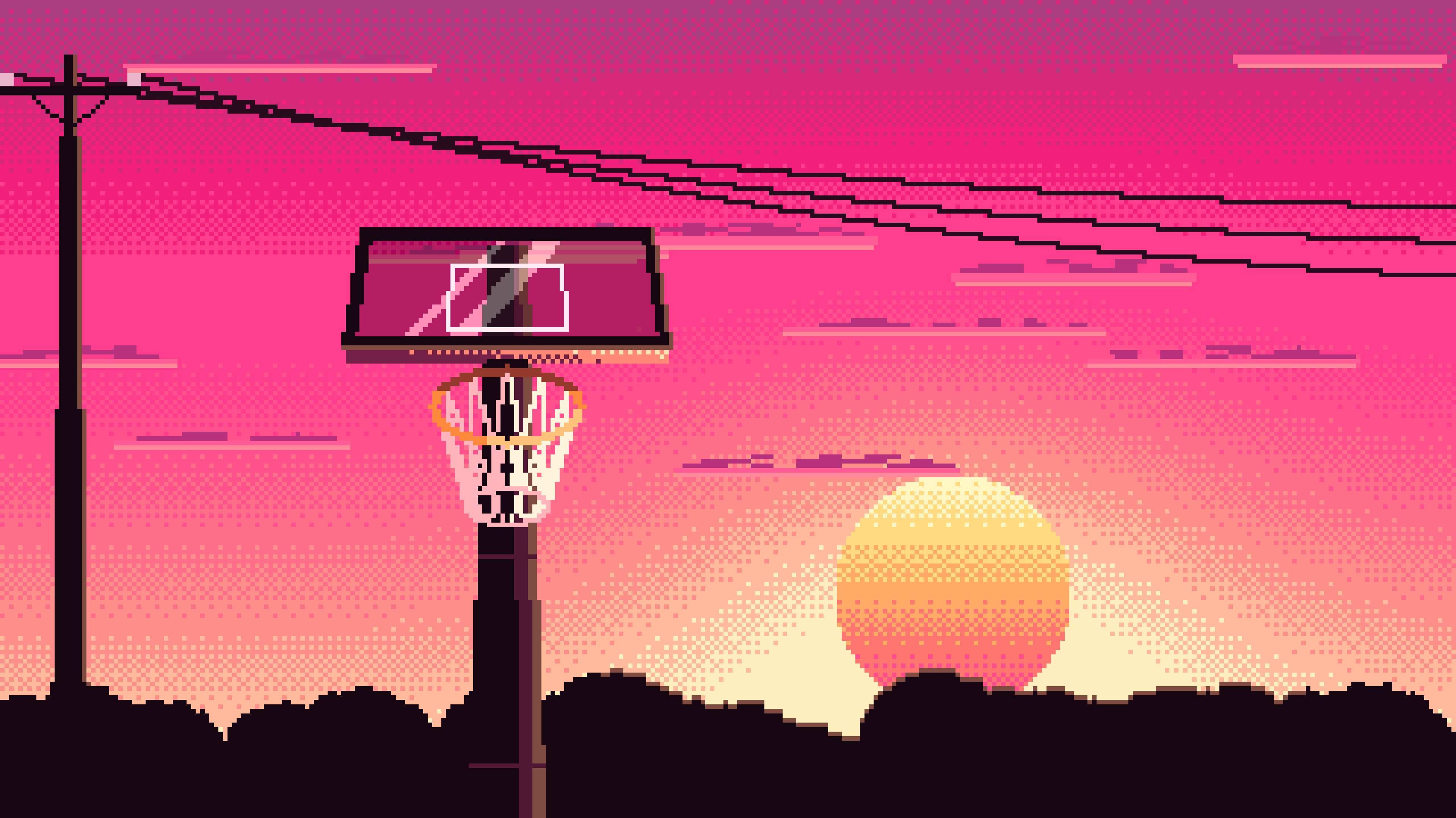 Hot Pink Pixel Art Basketball Hoop at Sunset desktop wallpaper in 4K