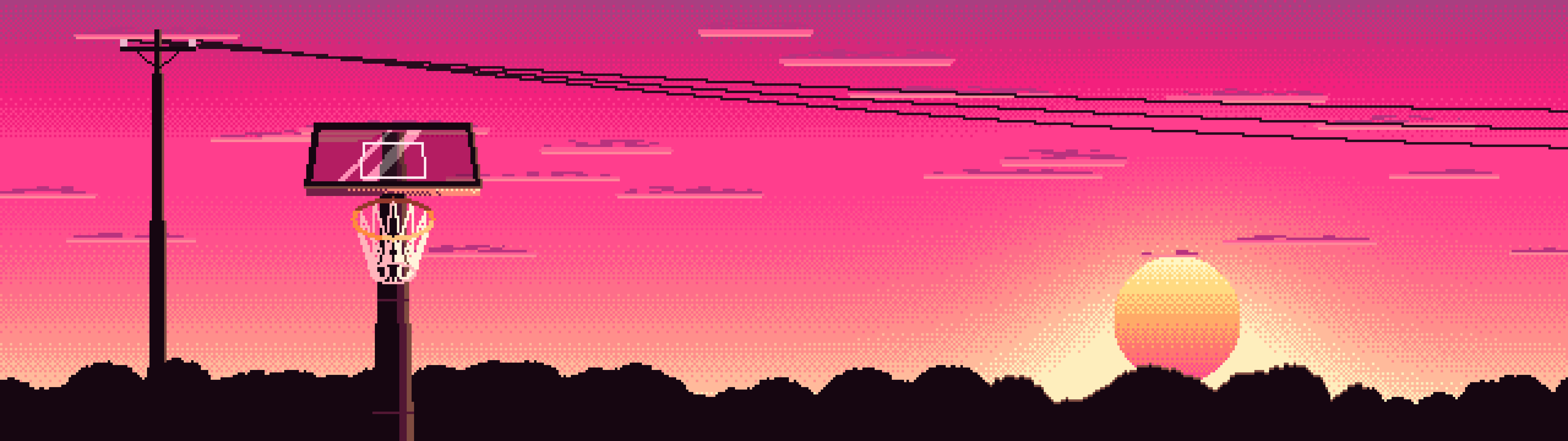 Hot Pink Pixel Art Basketball Hoop at Sunset dual monitor wallpaper, 7680 × 2160
