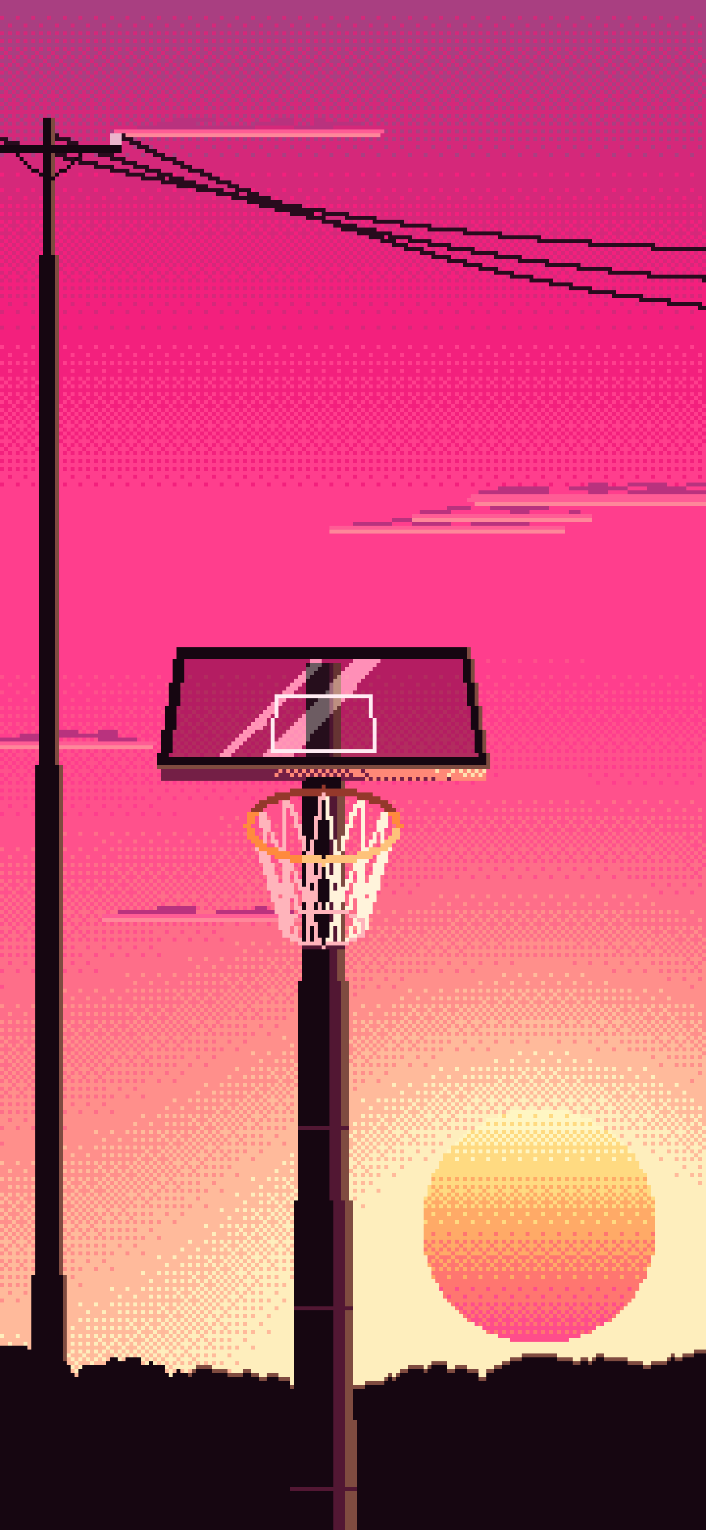 Hot Pink Pixel Art Basketball Hoop at Sunset wallpaper for iPhone and Android