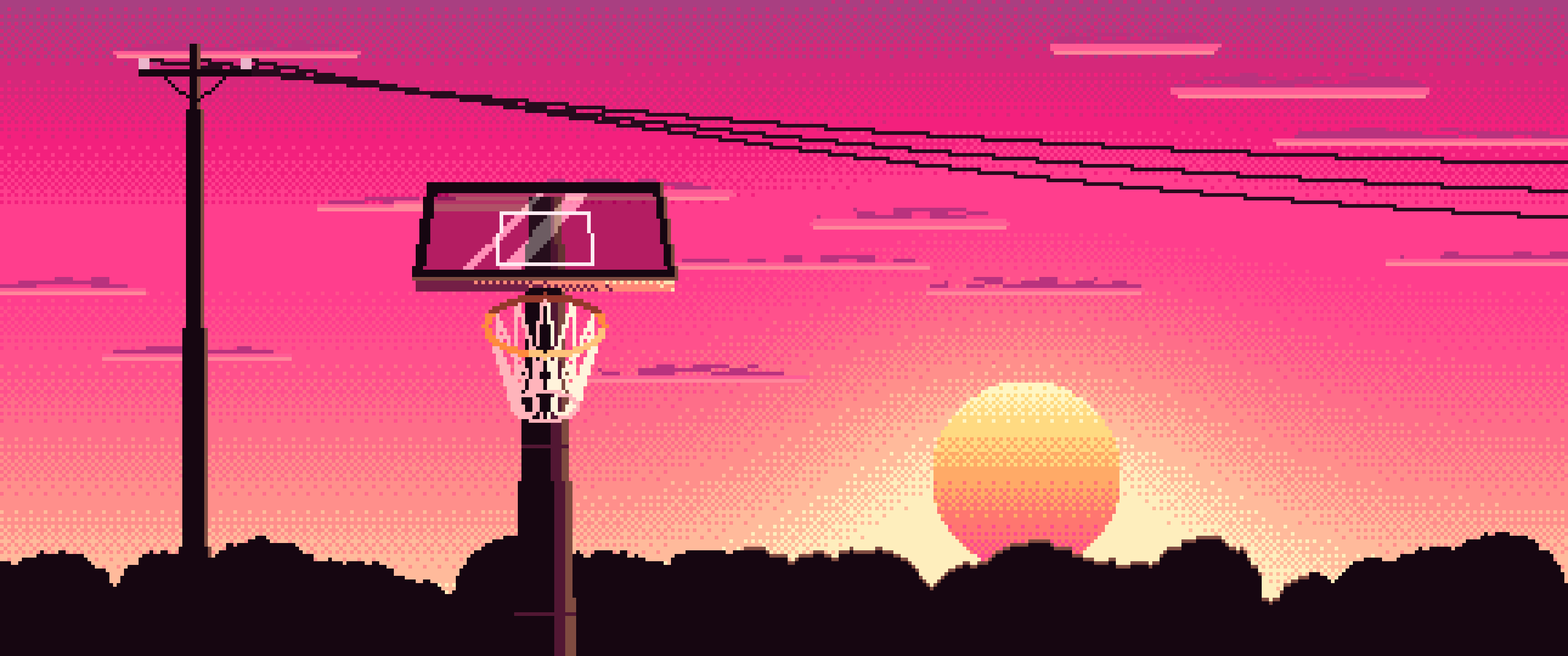 Hot Pink Pixel Art Basketball Hoop at Sunset ultrawide wallpaper, 3440 × 1440