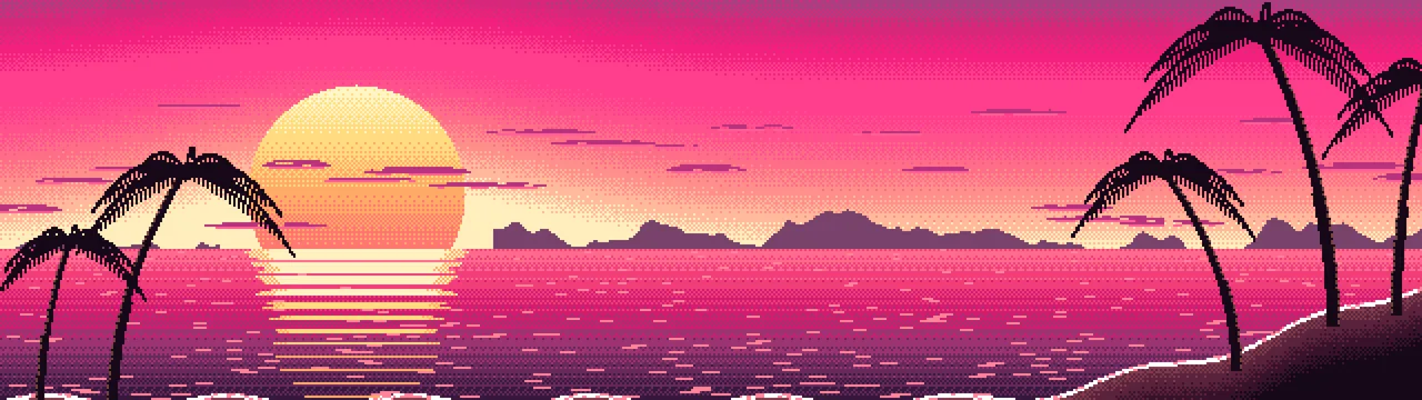 Hot Pink Pixel Art Beach Sunset dual monitor wallpaper, 7680 × 2160