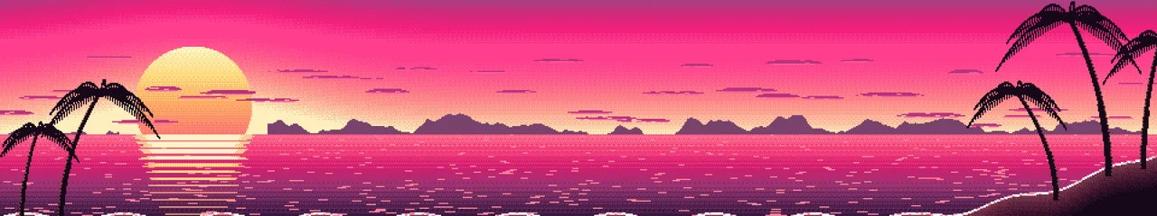 Hot Pink Pixel Art Beach Sunset triple monitor wallpaper, 7680 × 1440