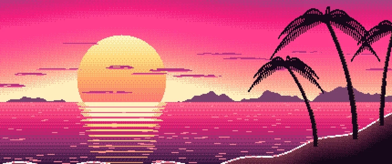 Hot Pink Pixel Art Beach Sunset ultrawide wallpaper, 3440 × 1440