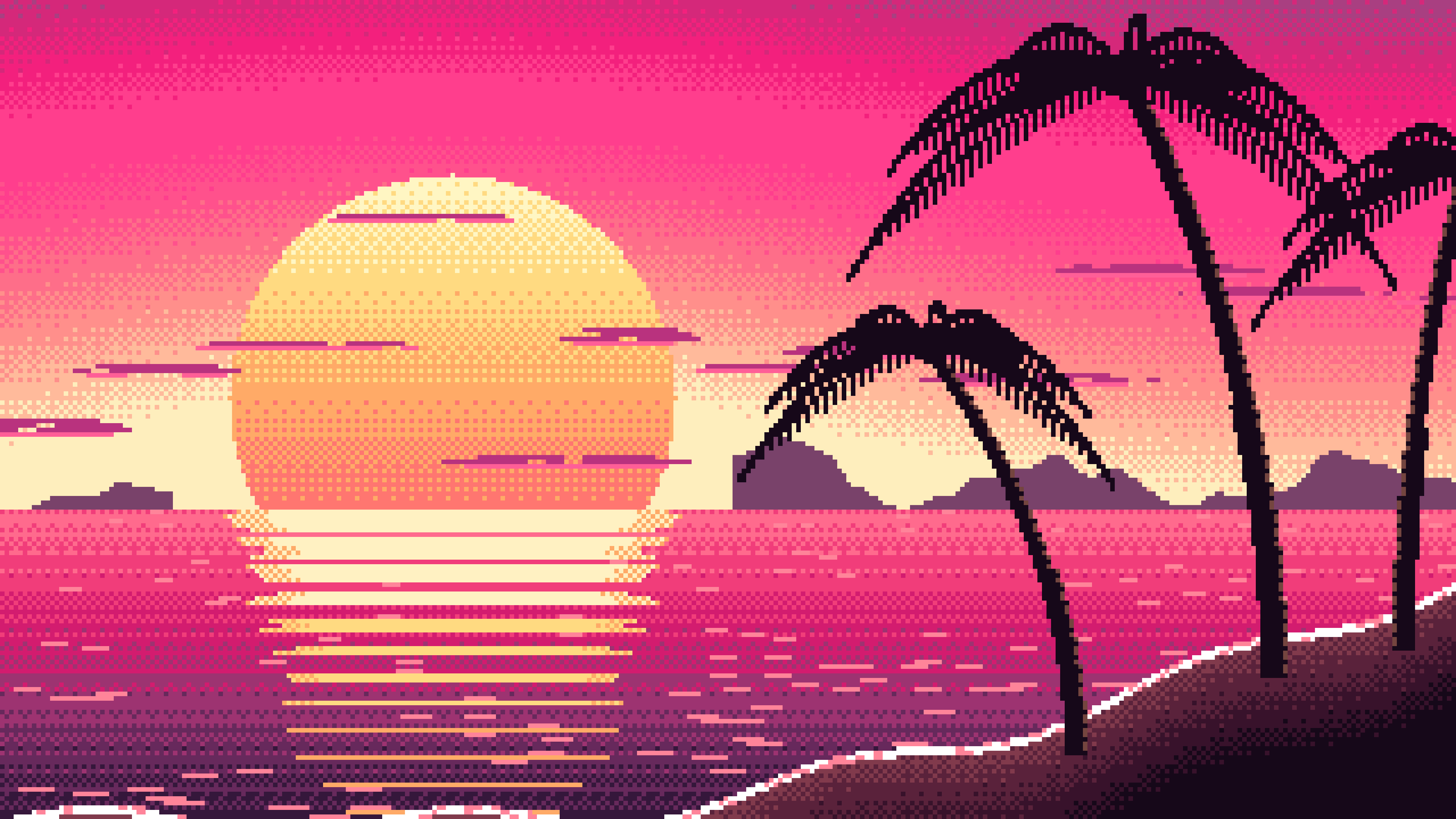 Hot Pink Pixel Art Beach Sunset desktop wallpaper in 4K