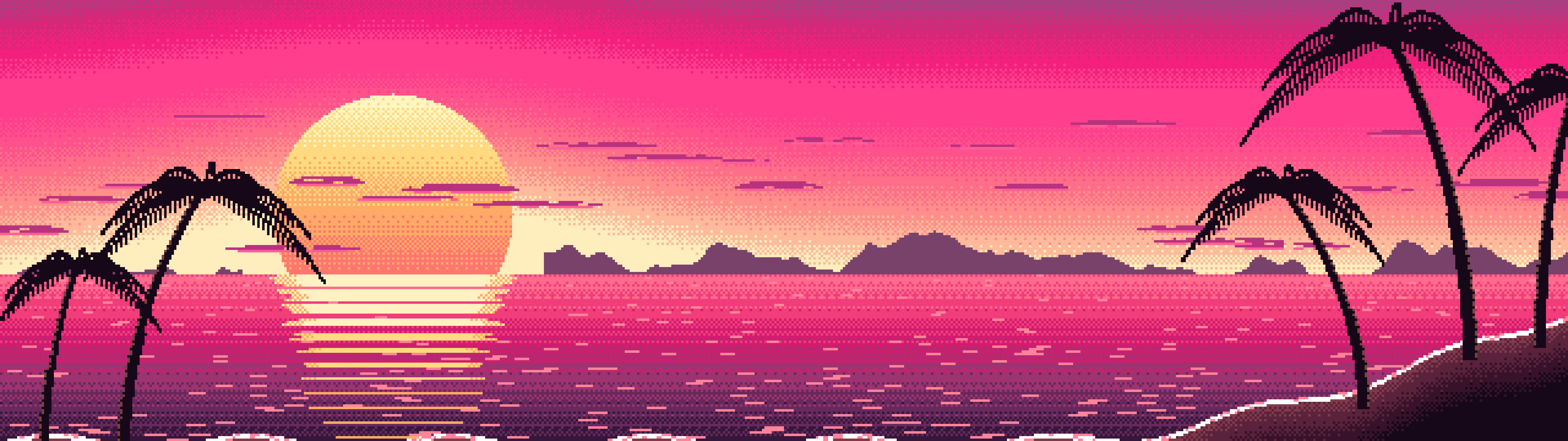 Hot Pink Pixel Art Beach Sunset dual monitor wallpaper, 7680 × 2160