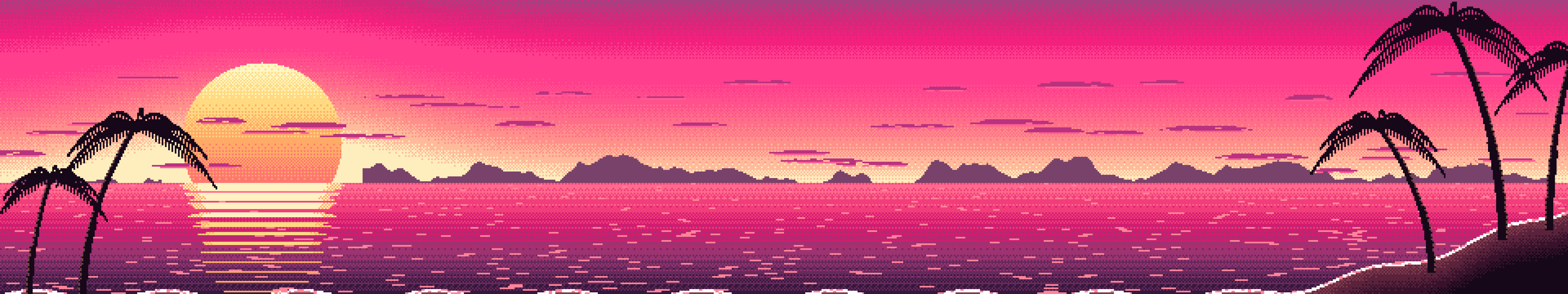 Hot Pink Pixel Art Beach Sunset triple monitor wallpaper, 7680 × 1440