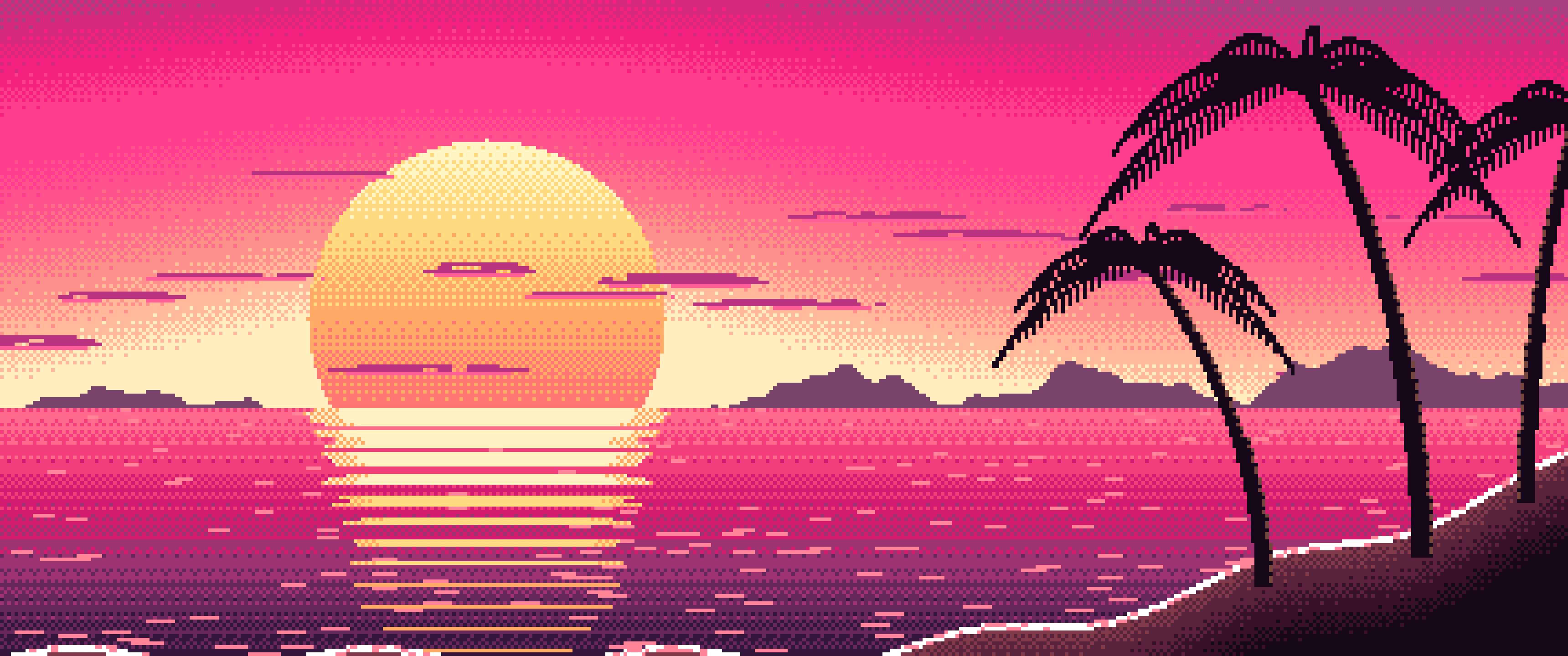 Hot Pink Pixel Art Beach Sunset ultrawide wallpaper, 3440 × 1440