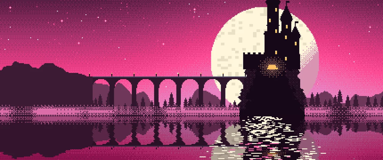 Hot Pink Pixel Art Castle ultrawide wallpaper, 3440 × 1440