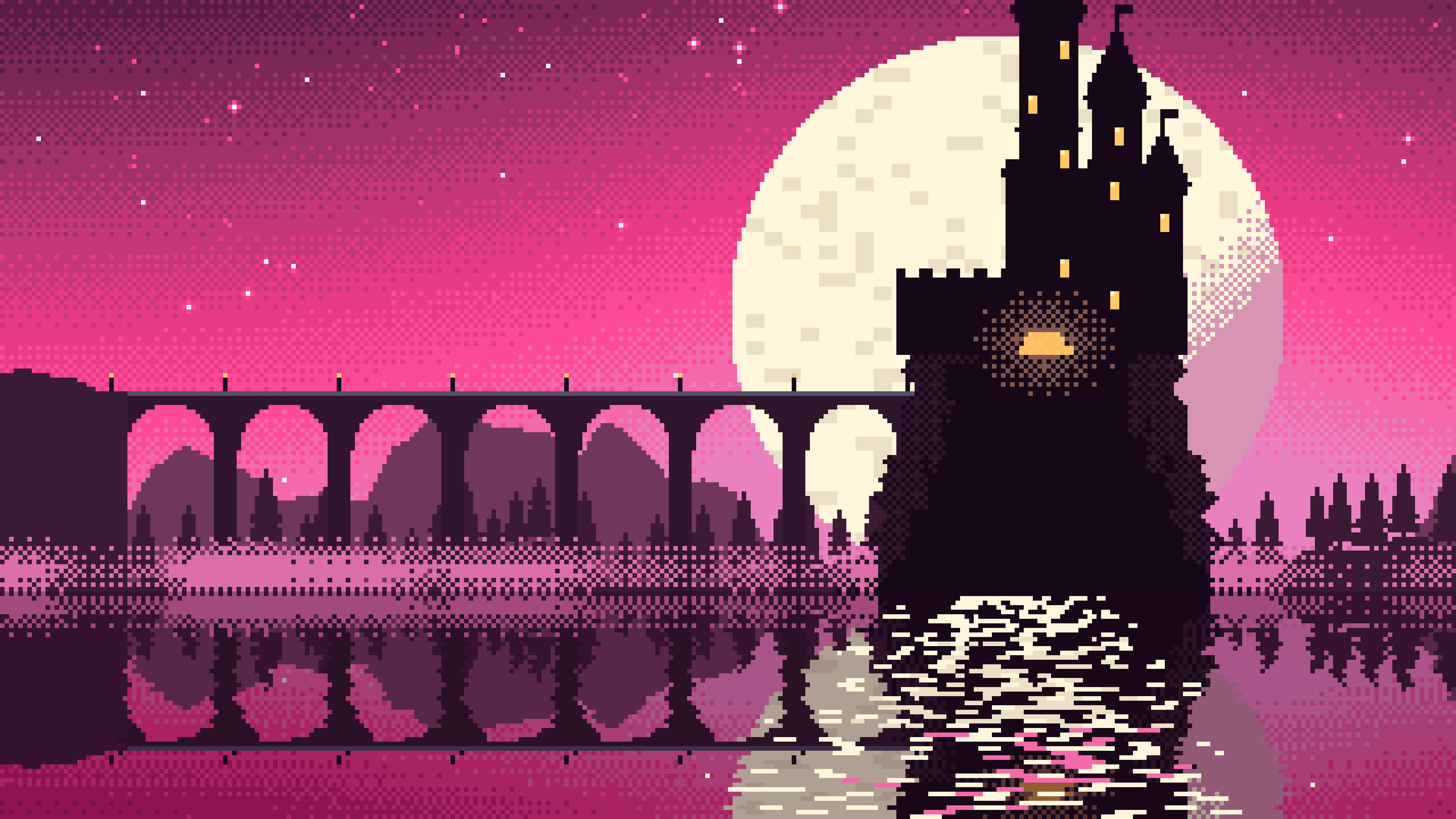 Hot Pink Pixel Art Castle desktop wallpaper in 4K
