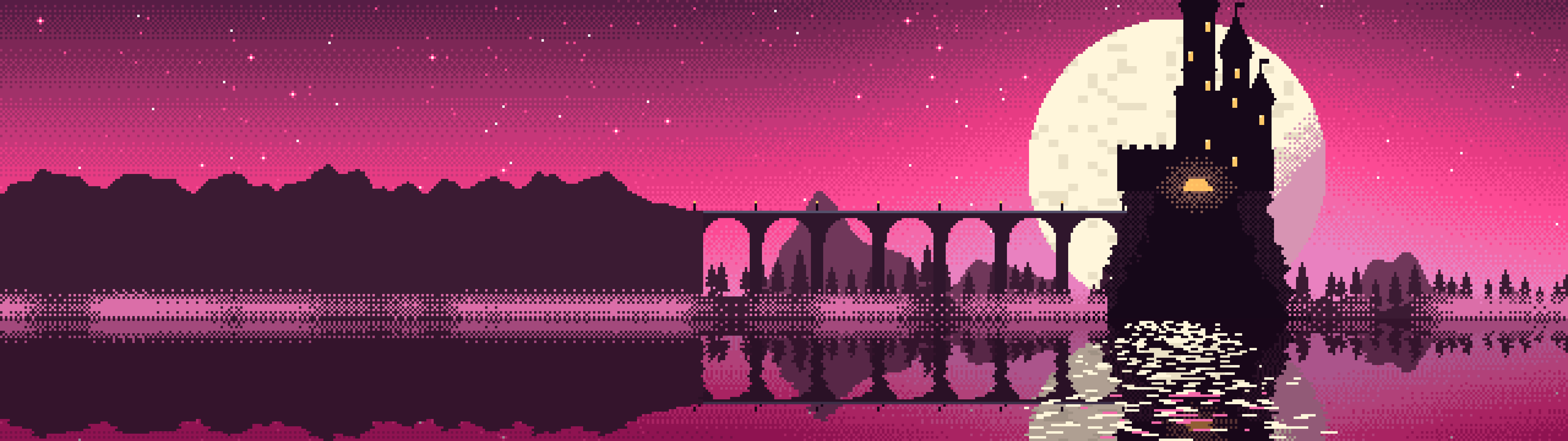 Hot Pink Pixel Art Castle dual monitor wallpaper, 7680 × 2160