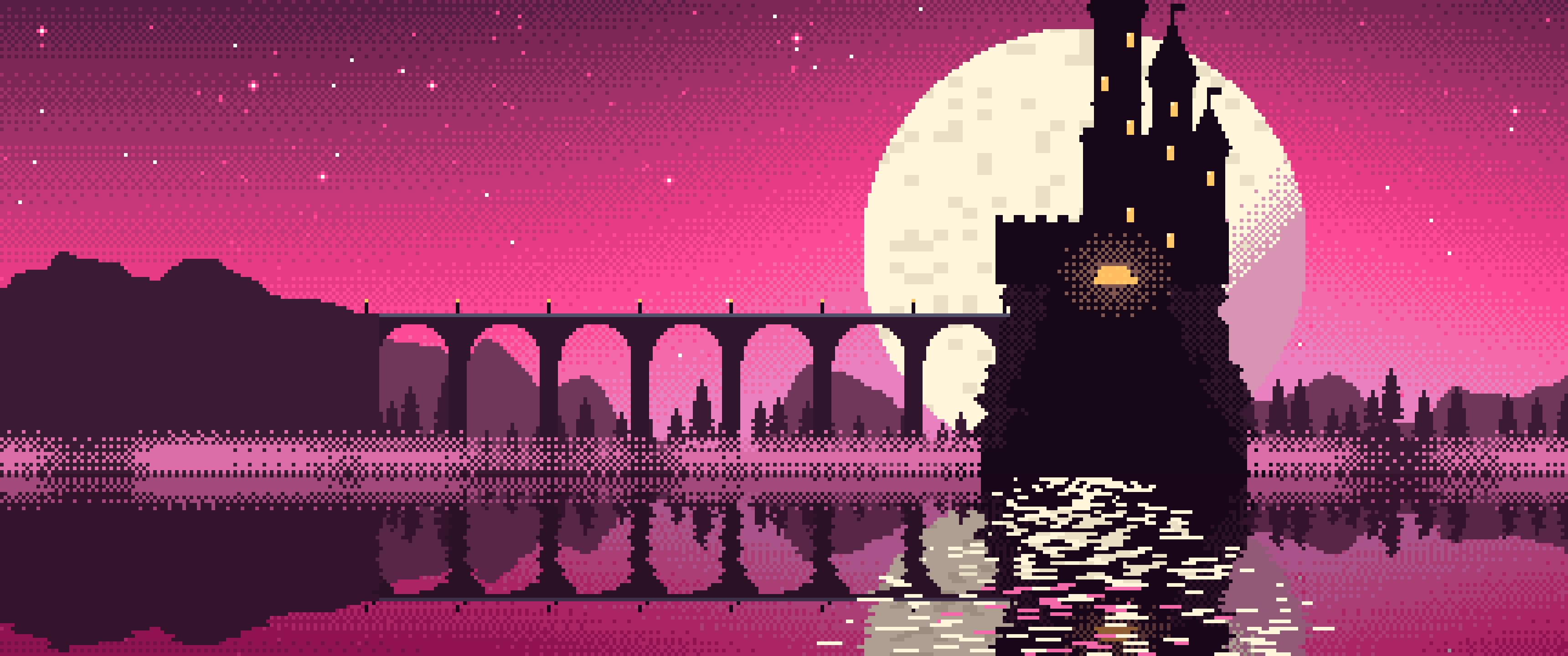 Hot Pink Pixel Art Castle ultrawide wallpaper, 3440 × 1440