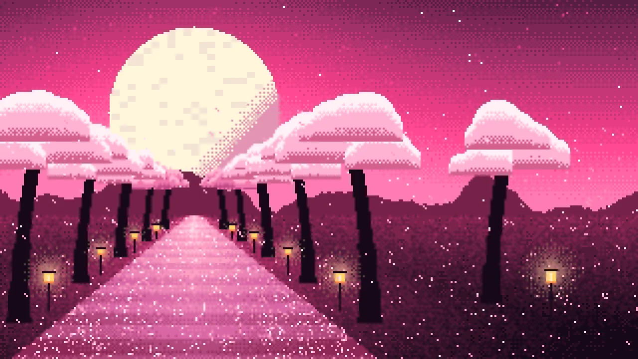 Hot Pink Pixel Art Cherry Blossom Path desktop wallpaper in 4K