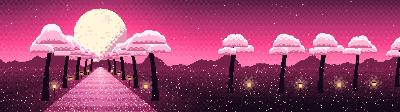 Hot Pink Pixel Art Cherry Blossom Path dual monitor wallpaper, 7680 × 2160
