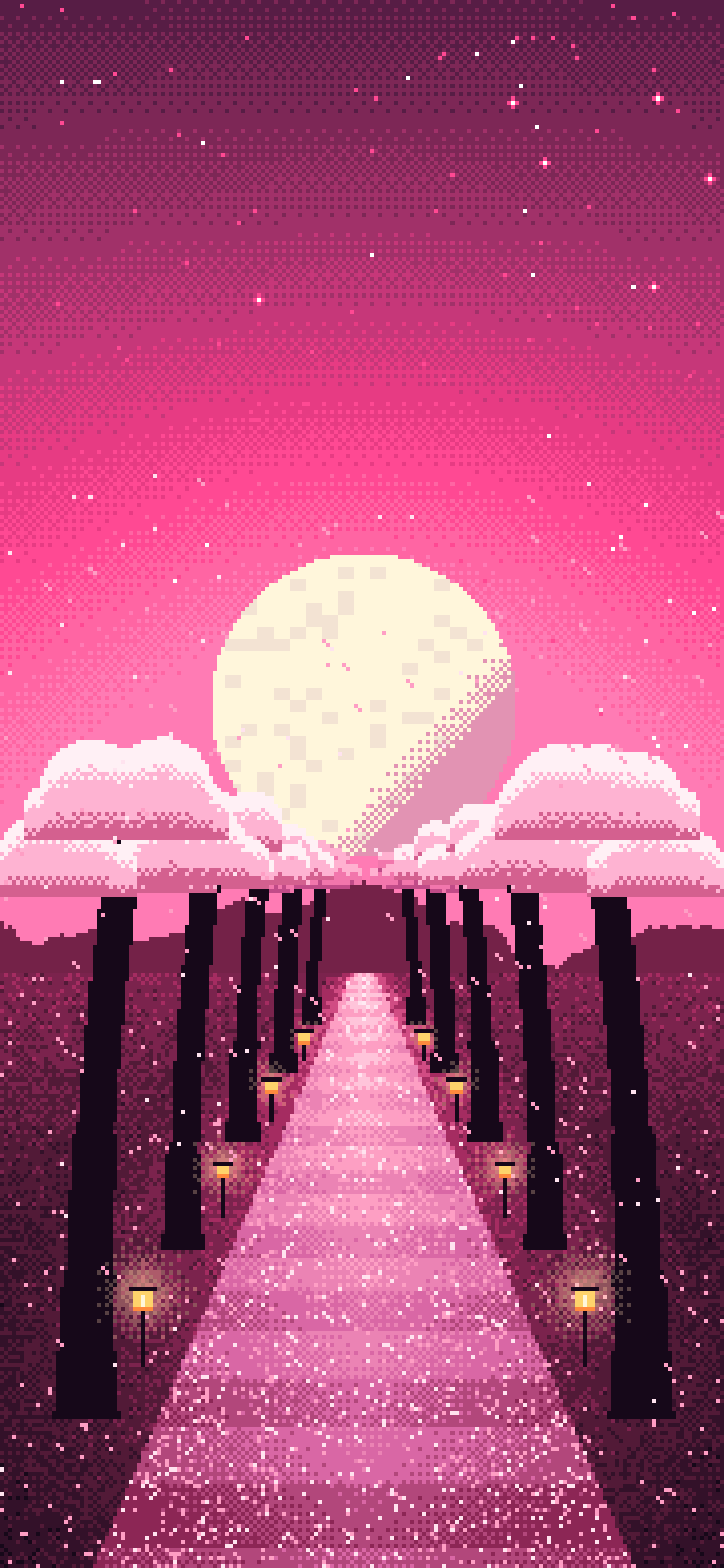 Hot Pink Pixel Art Cherry Blossom Path wallpaper for iPhone and Android