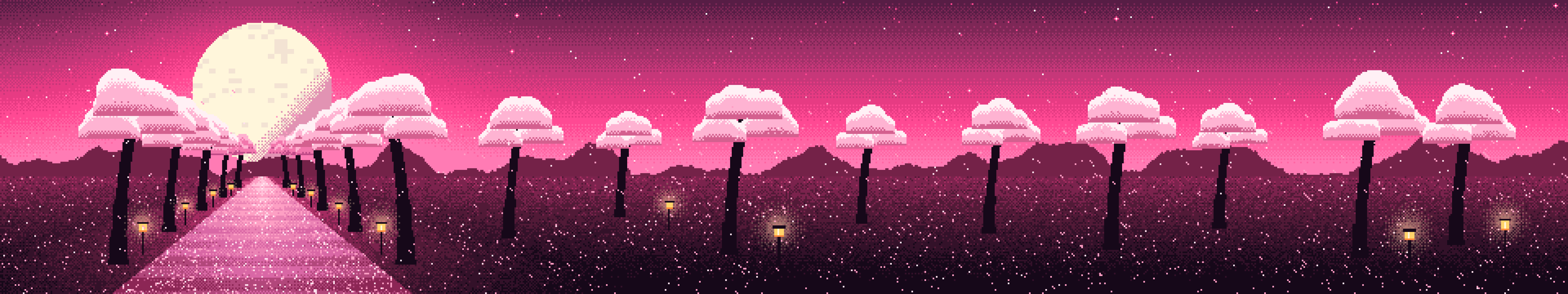 Hot Pink Pixel Art Cherry Blossom Path triple monitor wallpaper, 7680 × 1440