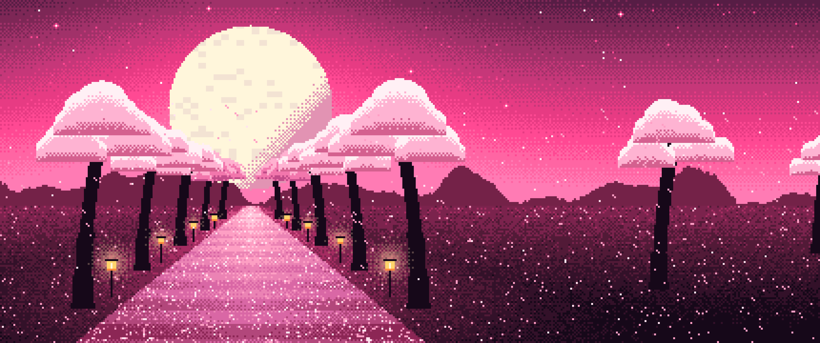 Hot Pink Pixel Art Cherry Blossom Path ultrawide wallpaper, 3440 × 1440