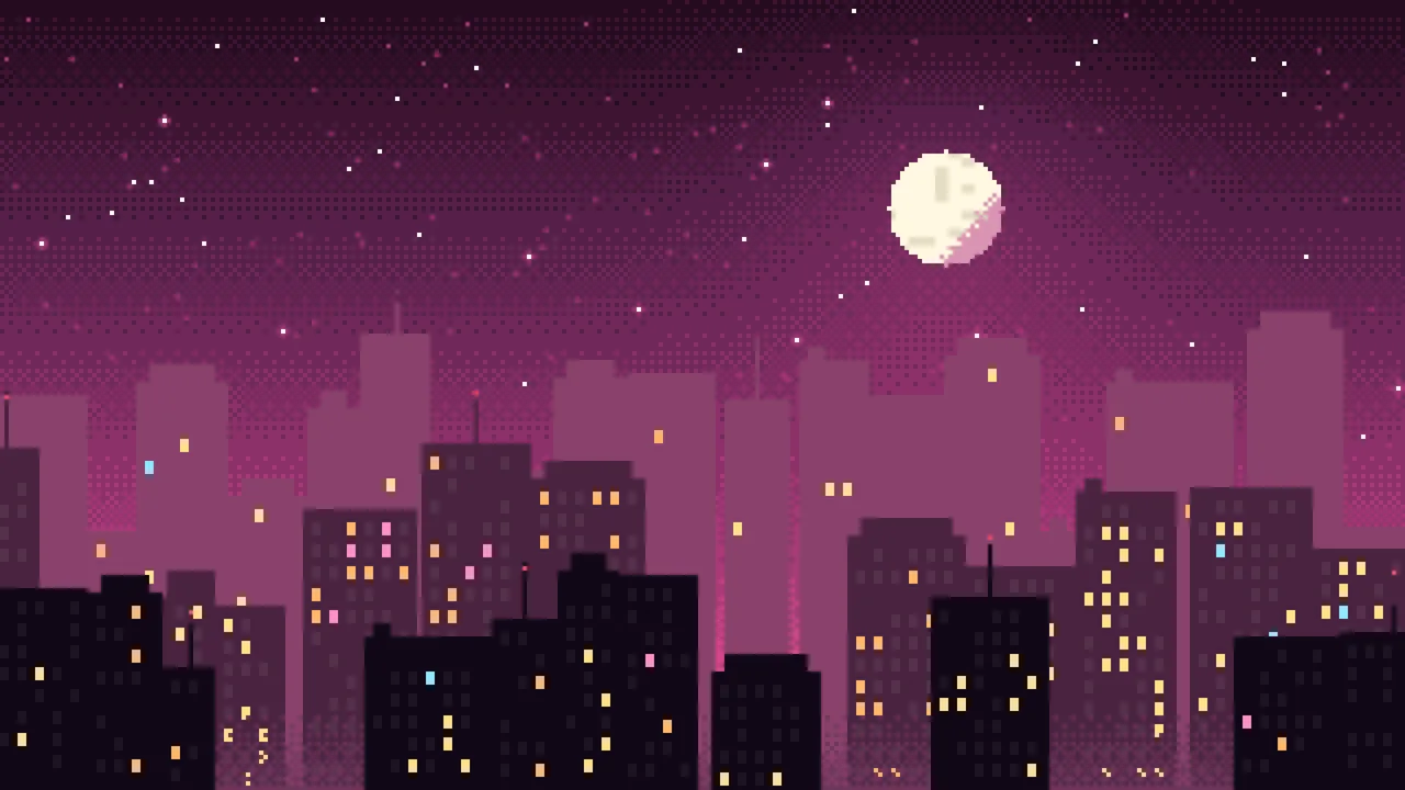 Hot Pink Pixel Art City desktop wallpaper in 4K