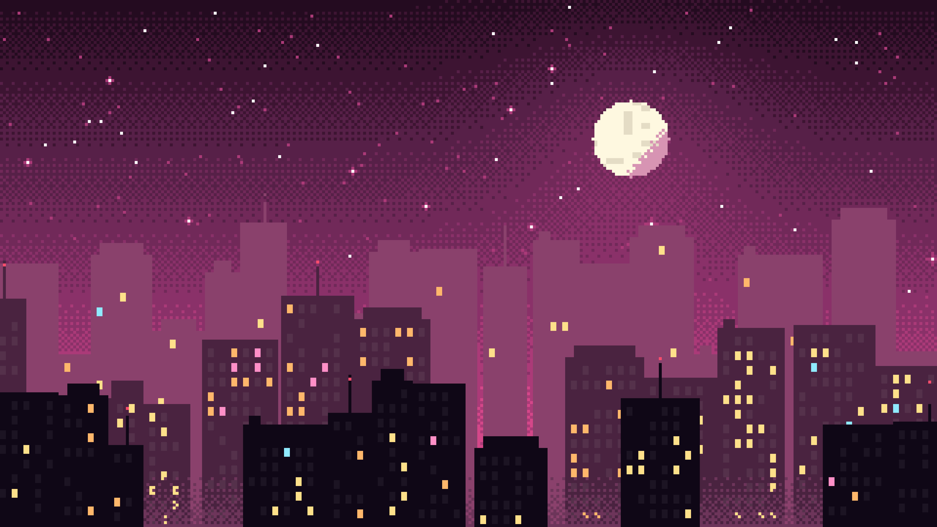 Hot Pink Pixel Art City desktop wallpaper in 4K