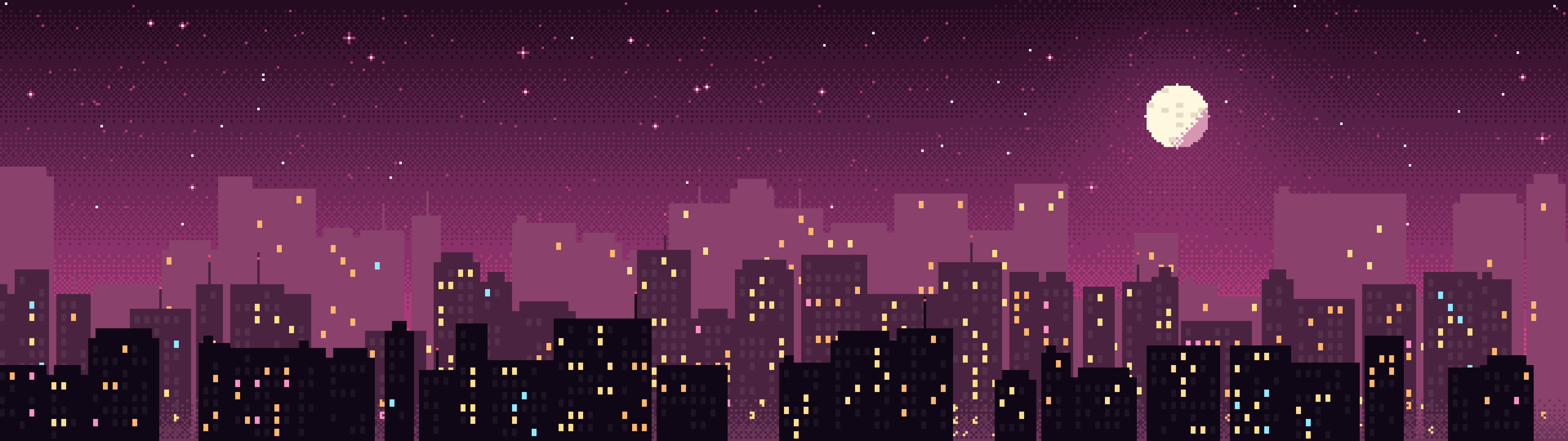 Hot Pink Pixel Art City dual monitor wallpaper, 7680 × 2160