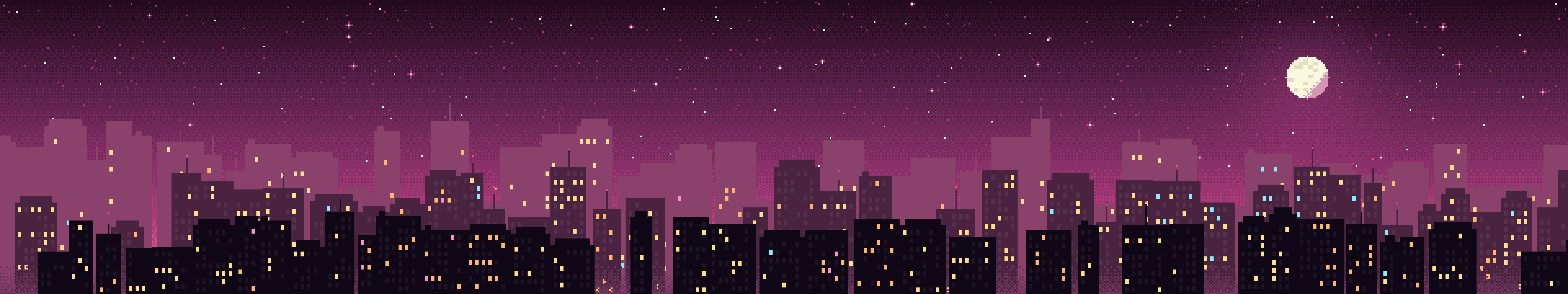 Hot Pink Pixel Art City triple monitor wallpaper, 7680 × 1440